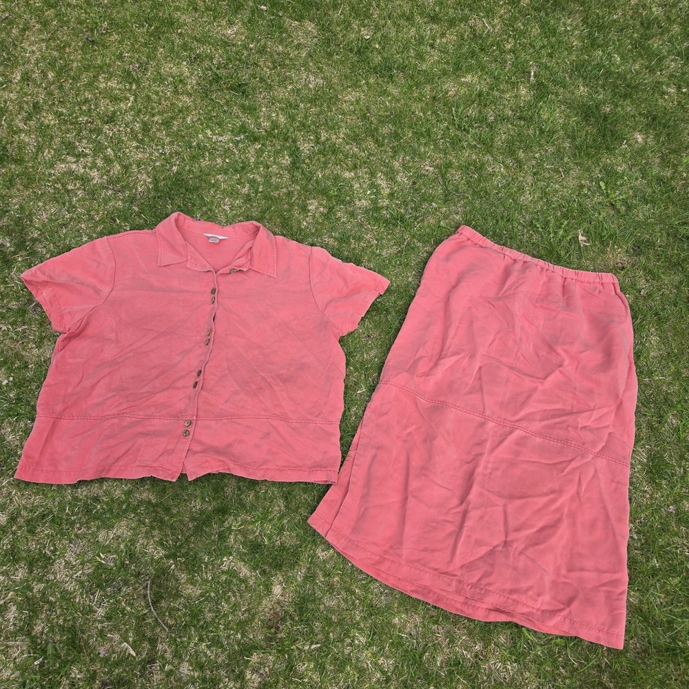 Vintage Rare 2X Christopher & banks 100% Tencel 2 Piece Set Skirt Shirt Coral